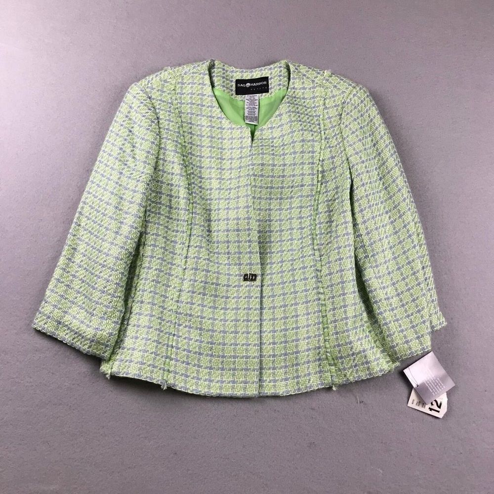 Chic Green & Blue Tweed One-Button Blazer